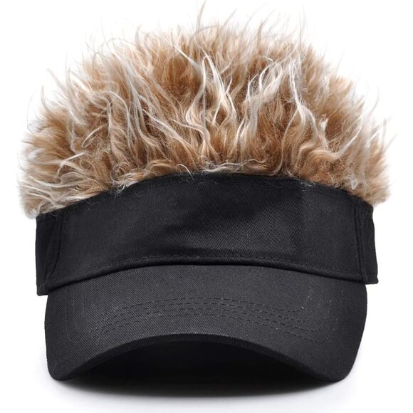 Men's Black and Brown Adjustable Visor Hat with Spiked Wigs Fake Hair Visor - Picture 1 of 9